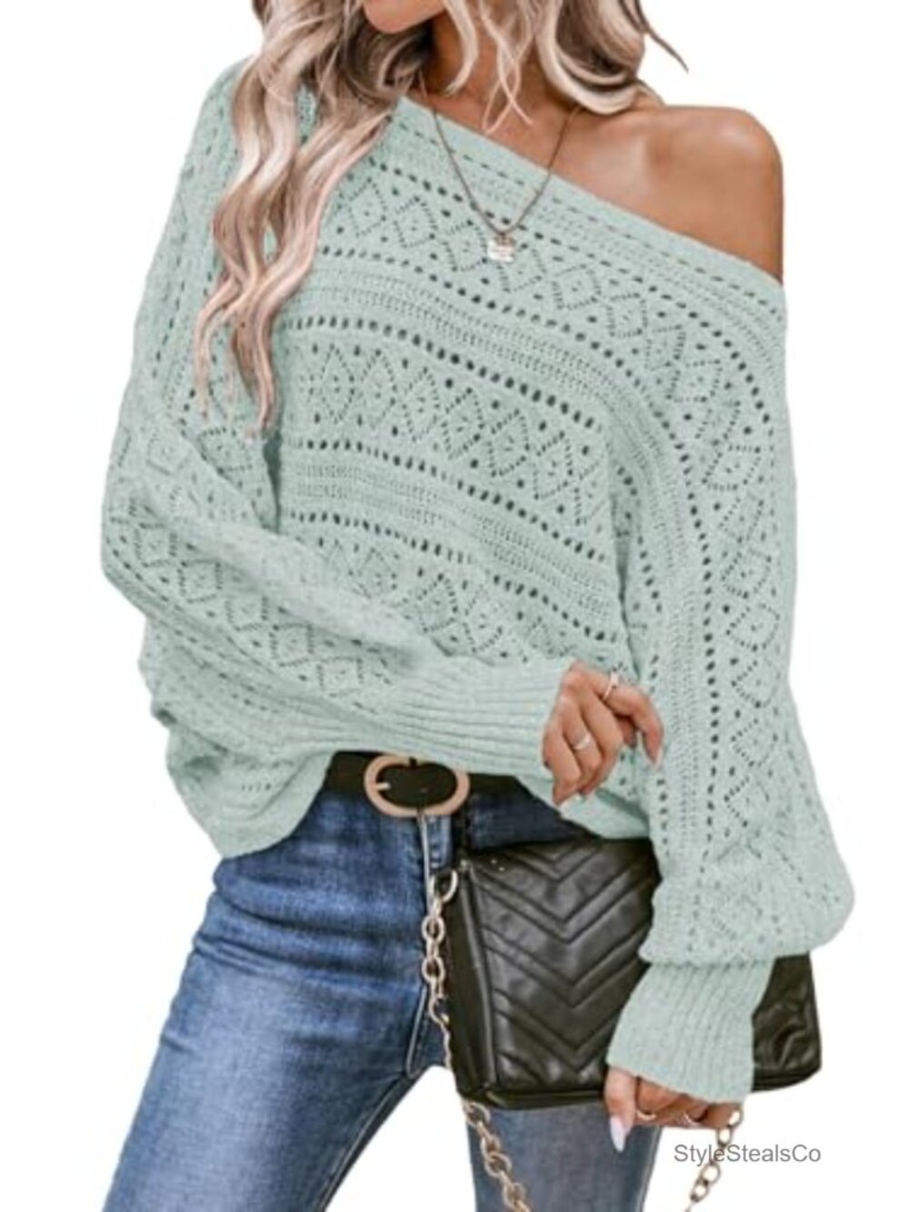 Crochet Boat Neck Long Batwing Sweater Women Loose Pullover Knit
